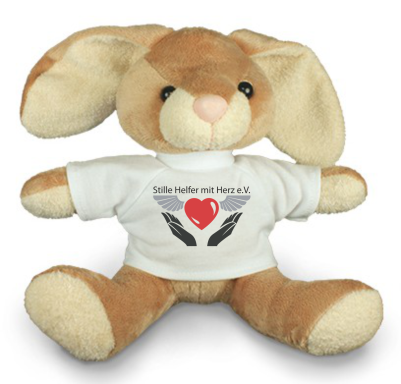 Brauner Stoffhase mit T-Shirt, das ein Herz mit Flügeln zeigt.